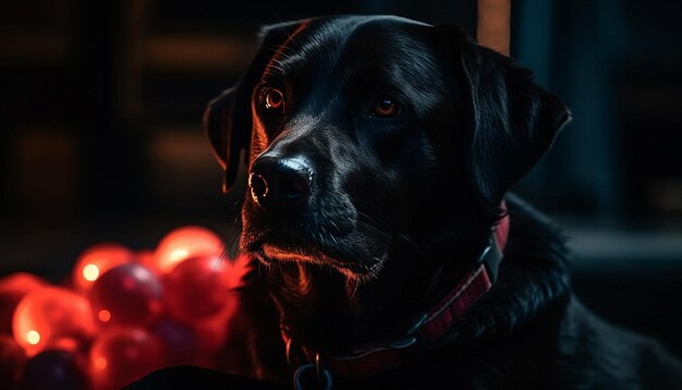 Labrador Retriever di razza pura seduto all'aperto guardando la fotocamera con lealtà generata dall'intelligenza artificiale