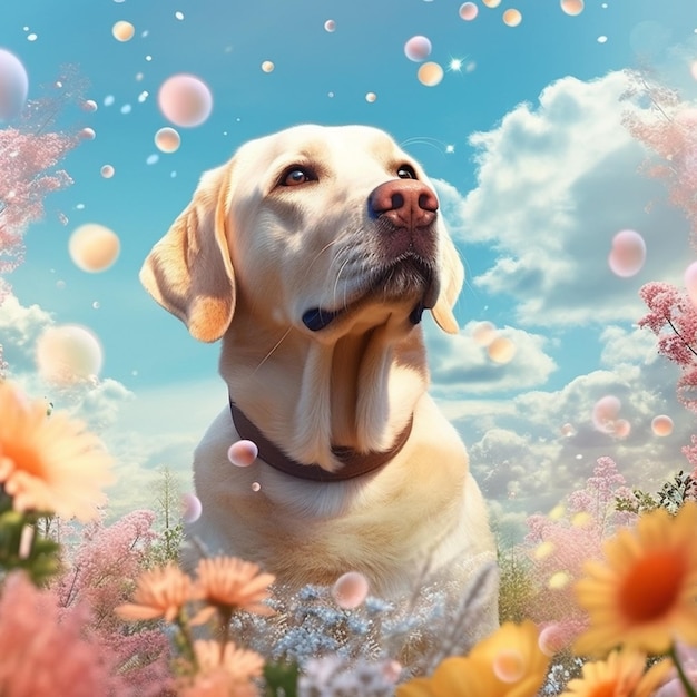 Labrador retriever giallo in un campo di fiori con bolle generative ai