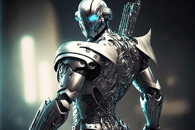 Ladro robot Android con pistola d'argento come futuristico cyber warrior generativo ai