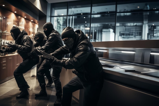 Ladroni mascherati armati e pericolosi irrompono in una banca con le armi tirate creando una scena di intrusione criminale ad alto rischio.