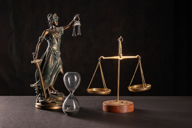 Lady Justice o Themis o Justilia (dea della giustizia) su sfondo nero