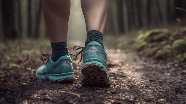 Lady Runner escursionismo attraverso il sentiero nel bosco con il primo piano delle scarpe da corsa