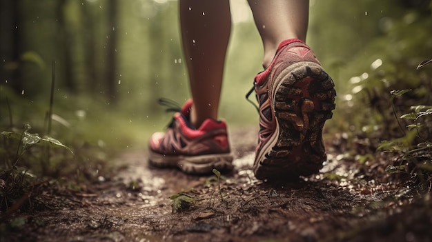 Lady Runner escursionismo attraverso il sentiero nel bosco con il primo piano delle scarpe da corsa