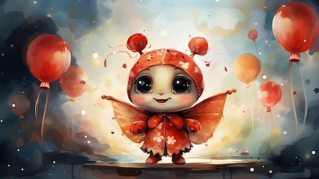 Ladybug acrobatica del circo con nastro ad acquerello