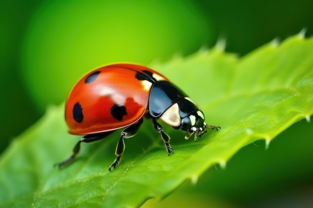 Ladybug su foglia verde contro sfondo sfocato macro vista