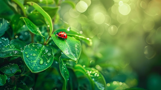 Ladybug su foglie verdi con rugiada mattutina copia spazio AI generato