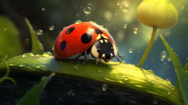 ladybug su una foglia con gocce d'acqua