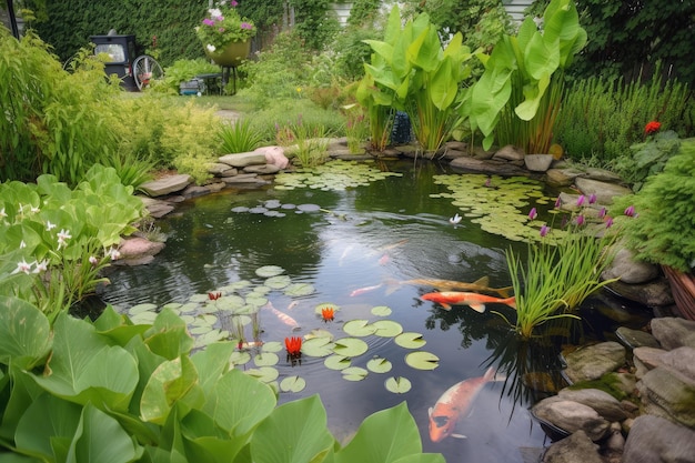 Laghetto da cortile con koi che nuota tra ninfee e piante acquatiche