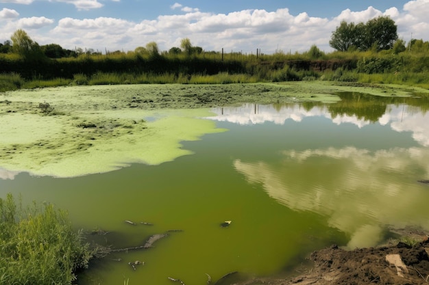 Laghetto da fattoria con acqua verde torbida e fioriture di alghe creato con intelligenza artificiale generativa