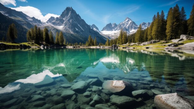 Lago alpino con acqua limpida e cime innevate