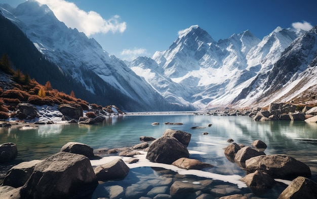 Lago alpino incontaminato e cime innevate