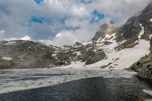 Lago alpino metà ghiacciato e metà n