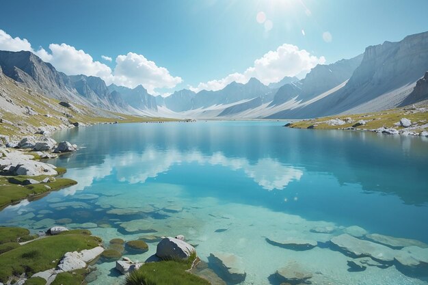 Lago blu ad alta quota in un ambiente idilliaco e incontaminato con acqua pulita e trasparente