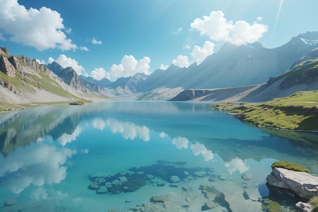 Lago blu ad alta quota in un ambiente idilliaco e incontaminato con acqua pulita e trasparente