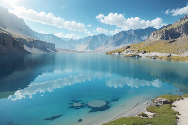 Lago blu ad alta quota in un ambiente idilliaco e incontaminato con acqua pulita e trasparente