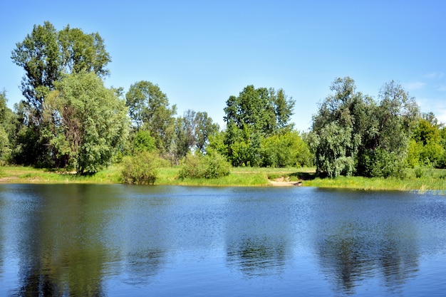 lago blu grande foresta e cielo blu