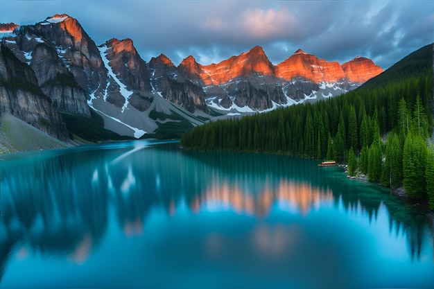 Lago canadese con riflessi delle montagne nel lago morenico