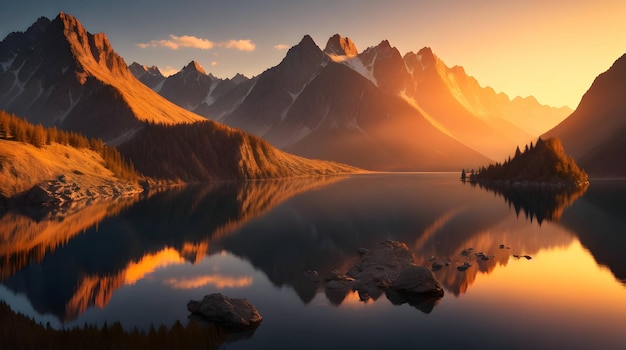 Lago circondato da montagne durante l'ora d'oro ha generato ai