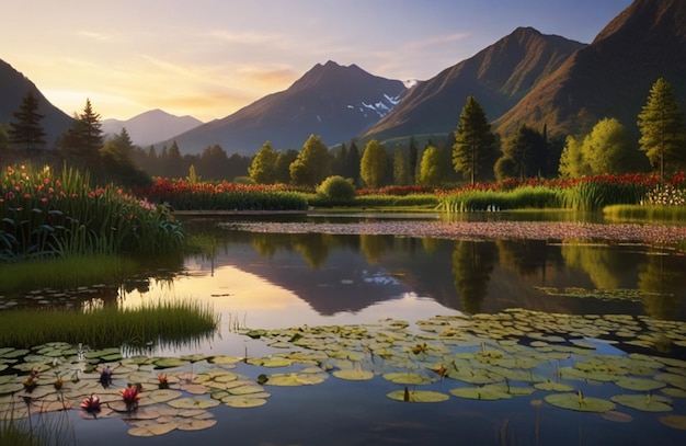 Lago con acqua limpida decorato con fiori di loto quando il sole sta tramontando