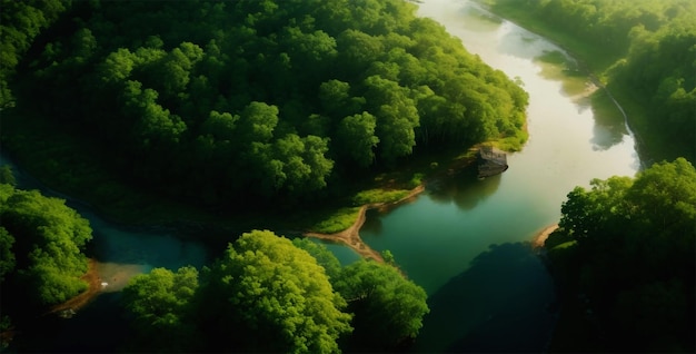 Lago con alberi ai lati della tavola che corre sul fiume, ambiente scenico naturale, disegno della natura
