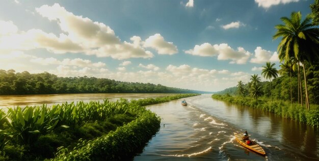 Lago con alberi ai lati della tavola che corre sul fiume, ambiente scenico naturale, disegno della natura