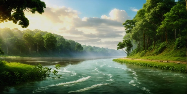 Lago con alberi ai lati della tavola che corre sul fiume, ambiente scenico naturale, disegno della natura