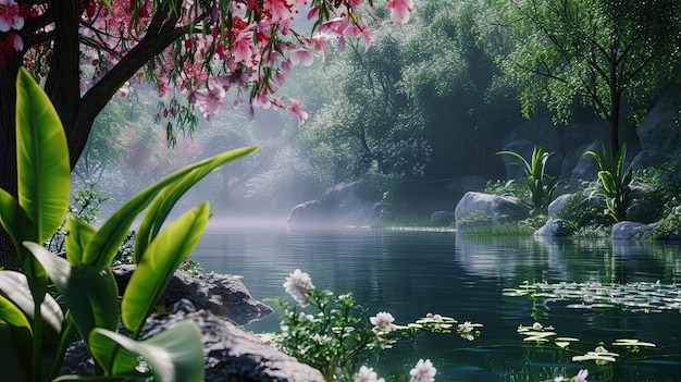 Lago con alberi di ciliegio Odore stagno barca mare estensione canne riposo speranza nuoto casa ciliegio fiore frutto seme petalo generato da AI