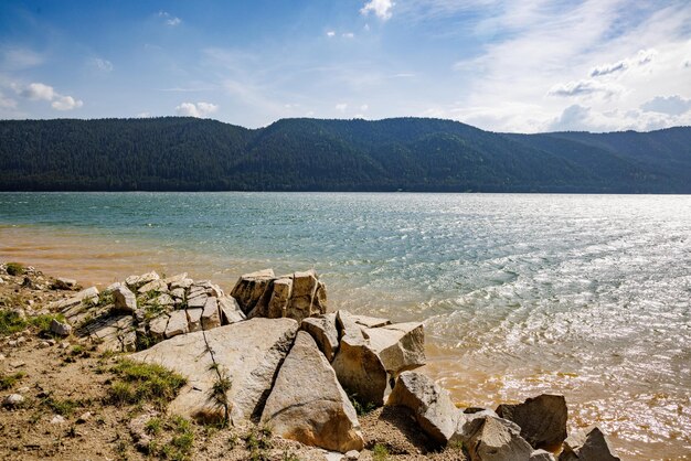 Lago con costa rocciosa sullo sfondo della catena montuosa ricoperta di foresta e cielo blu