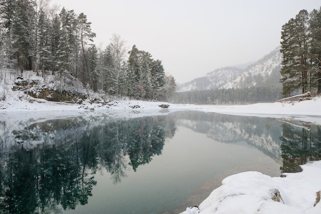 Lago con ghiaccio che riflette montagne innevate