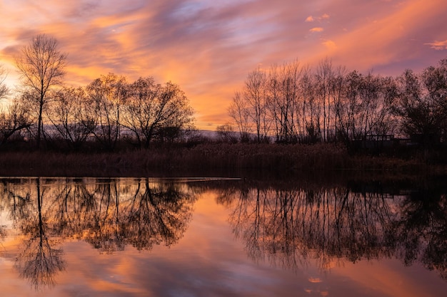 Lago con il riflesso di sagome di alberi sullo sfondo di un tramonto luminoso in autunno.