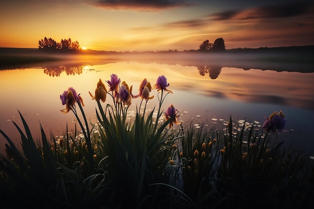 Lago con iridi all'alba