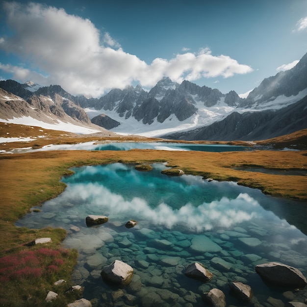 Lago con montagne innevate