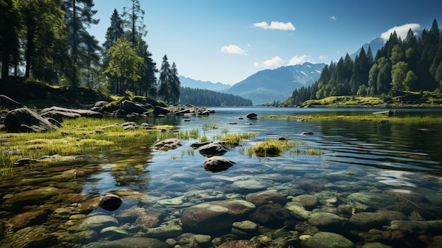 Lago con ruscello di montagna nella forestagenerativa ai