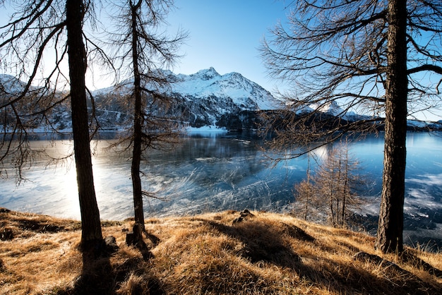 Lago congelato della montagna nel giorno soleggiato di inverno