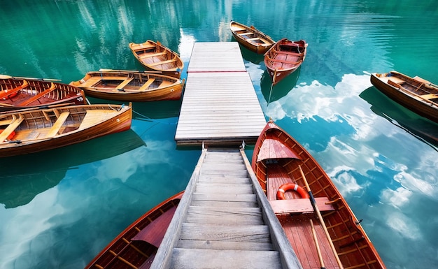 Lago di Braers Alpi dolomitiche Italia Barche sul lago Paesaggio nelle Alpi dolomitiche Italia Lago di Braies Immagine