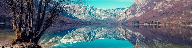 Lago di montagna con bella riflessione Lago di Bohinj all'inizio della primavera Parco nazionale del Triglav Slovenia Banner orizzontale