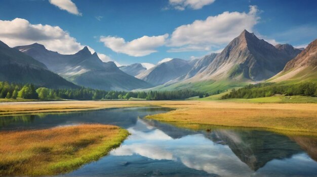 Lago di montagna con riflesso d'acqua limpida e catena di neve erba verde Ai generato sfondo