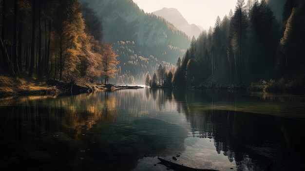 Lago di montagna e paesaggio forestale durante una fredda mattina d'autunno Generazione 3d AI