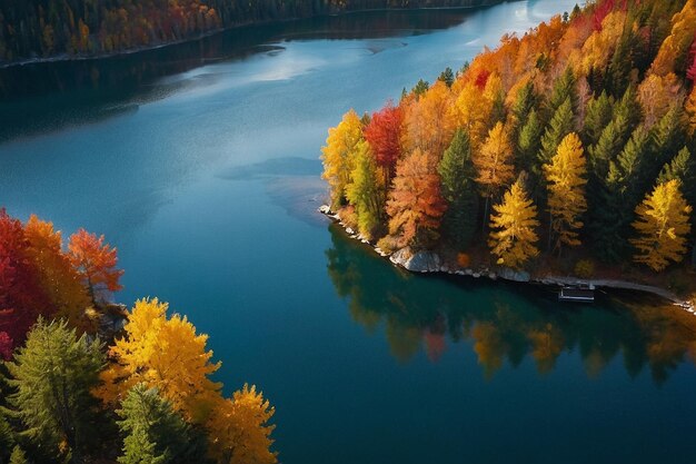 Lago di montagna in mezzo al fogliame autunnale