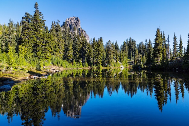 Lago di serenità in montagna nella stagione estiva. Bellissimi paesaggi naturali.