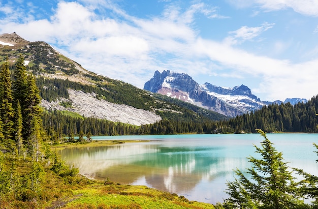 Lago di serenità in montagna nella stagione estiva. Bellissimi paesaggi naturali.