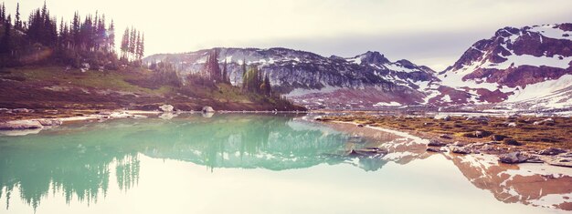 Lago di serenità in montagna nella stagione estiva. Bellissimi paesaggi naturali.