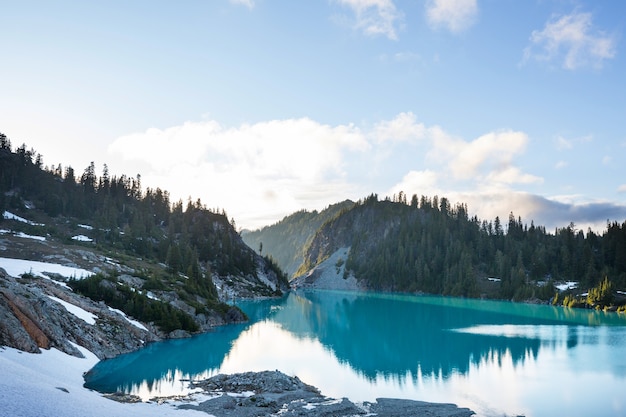 Lago di serenità in montagna nella stagione estiva. Bellissimi paesaggi naturali.