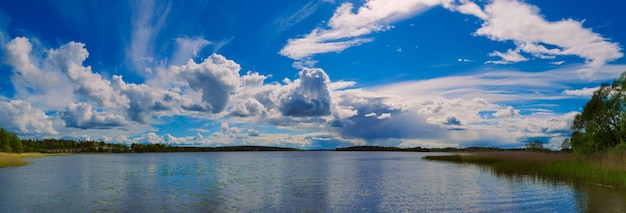 Lago estivo scandinavo con cielo blu intenso e soffici nuvole bianche panoramiche naturali stagionali primaverili estive