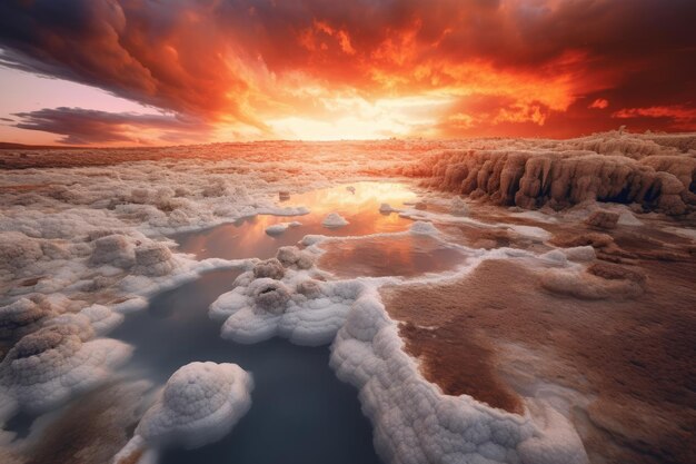 Lago ghiacciato al tramonto nel Parco Nazionale IA generata