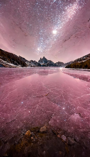 Lago ghiacciato con una montagna sullo sfondo AI generativo