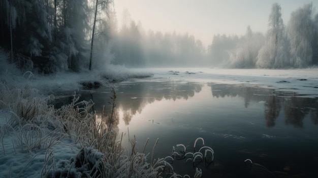 Lago ghiacciato del paese delle meraviglie invernale generato dall'intelligenza artificiale