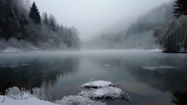 Lago ghiacciato del paese delle meraviglie invernale generato dall'intelligenza artificiale