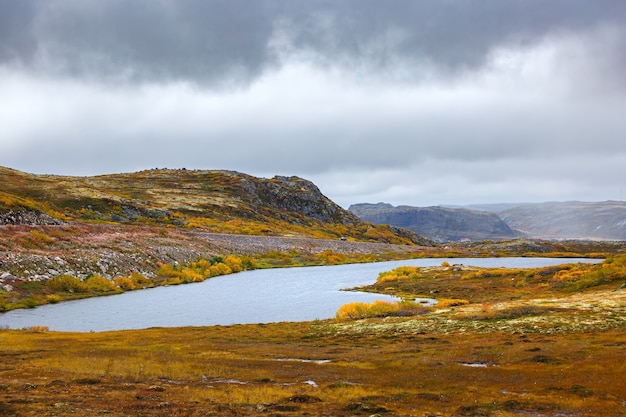 Lago in autunno sotto un cielo nuvoloso nella tundra. Penisola di Kola, Russia.