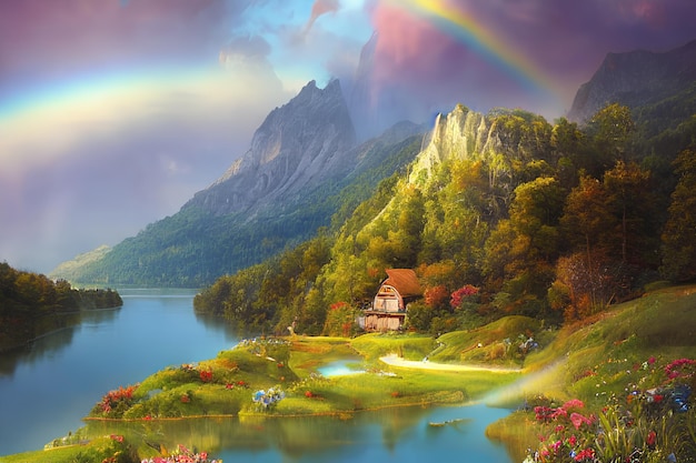 Lago in montagna con arcobaleno